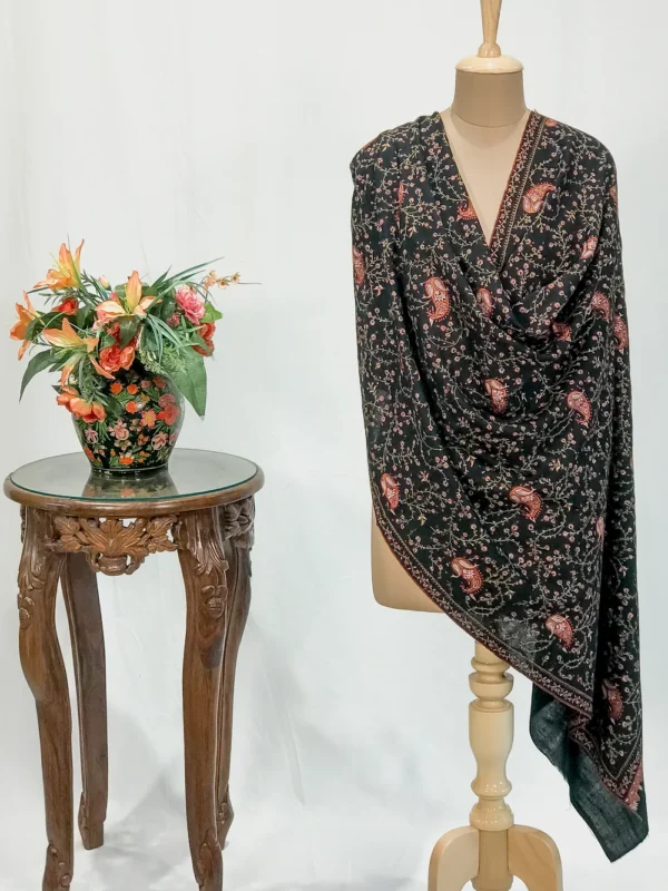 Black Pure Pashmina Shawl With Multi-Colour Sozni Jamawar Hand Embroidery