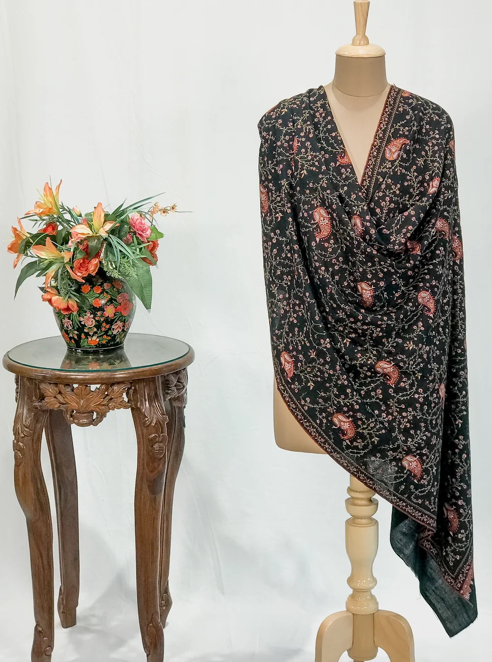 Black Pure Pashmina Shawl With Multi-Colour Sozni Jamawar Hand Embroidery