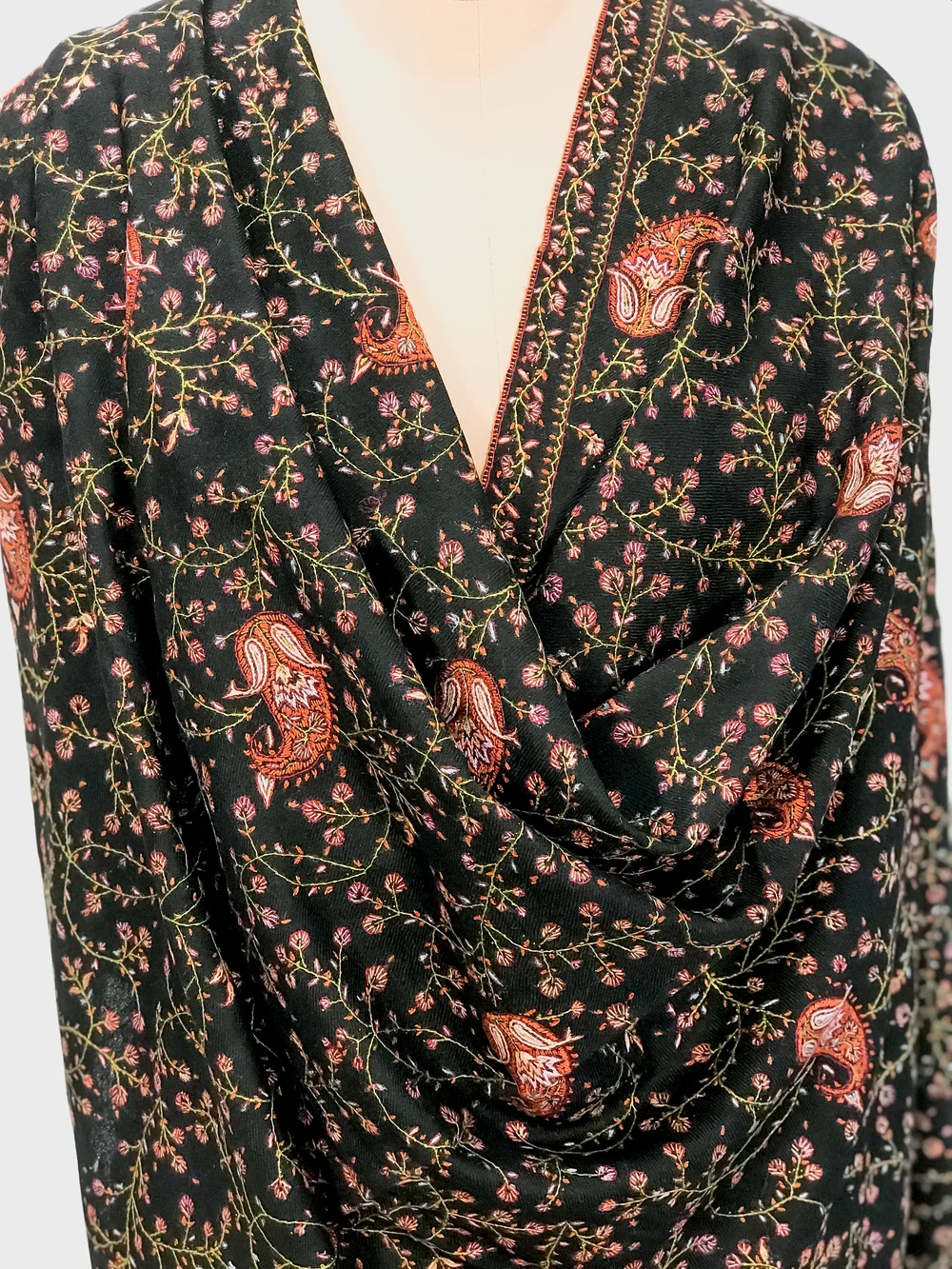 Black Pure Pashmina Shawl With Multi-Colour Sozni Jamawar Hand Embroidery front