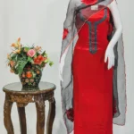 Red Chinon Upper And Dove Grey Crepe Bottom Salwar Suit with Aari Work Kardana Highlihtings and Organza Dupatta
