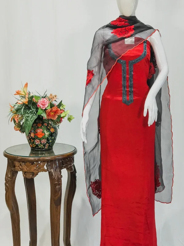 Red Chinon Upper And Dove Grey Crepe Bottom Salwar Suit with Aari Work Kardana Highlihtings and Organza Dupatta