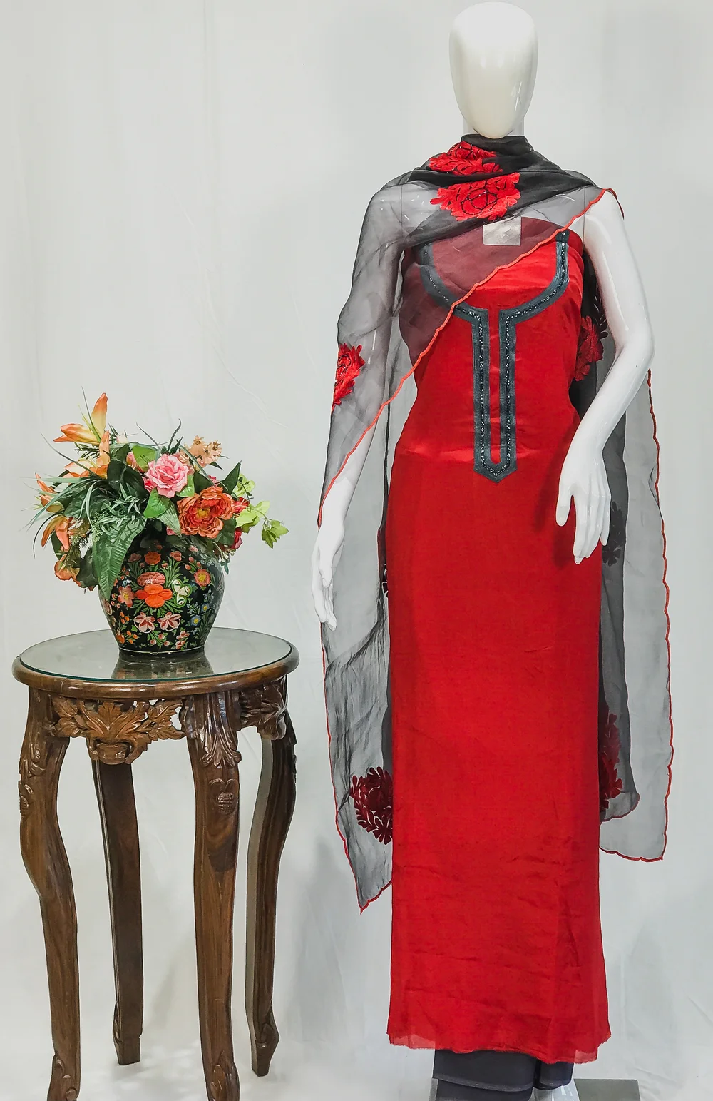 Red Chinon Upper And Dove Grey Crepe Bottom Salwar Suit with Aari Work Kardana Highlihtings and Organza Dupatta