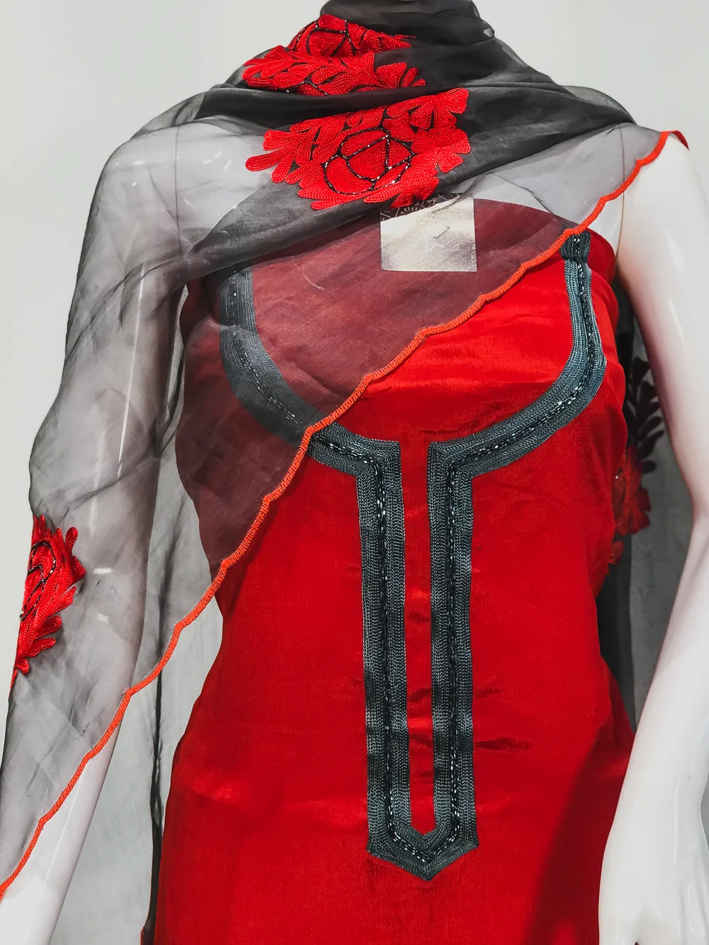 Red Chinon Upper And Dove Grey Crepe Bottom Salwar Suit with Aari Work Kardana Highlihtings and Organza Dupatta Front