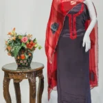 Dove Grey Chinon Upper And Red Crepe Bottom Salwar Suit with Aari Work Kardana Highlihtings and Organza Dupatta