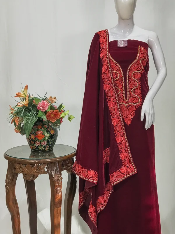Maroon Velvet Salwar Suit with Aari And Tilla Work and Velvet Dupatta