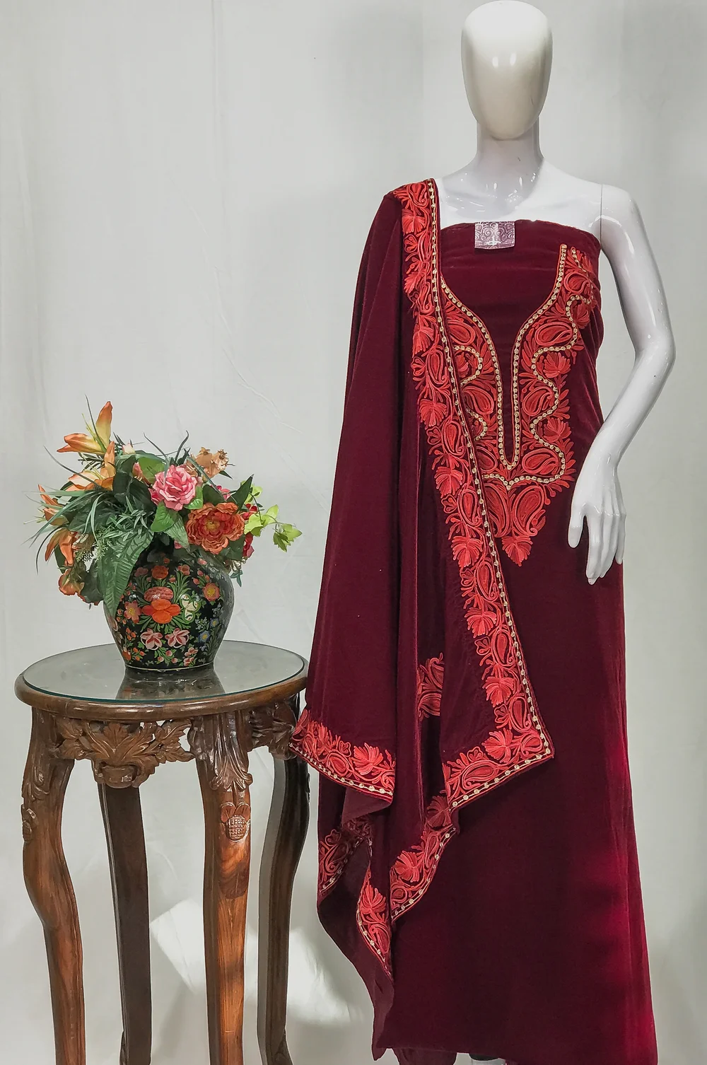 Maroon Velvet Salwar Suit with Aari And Tilla Work and Velvet Dupatta