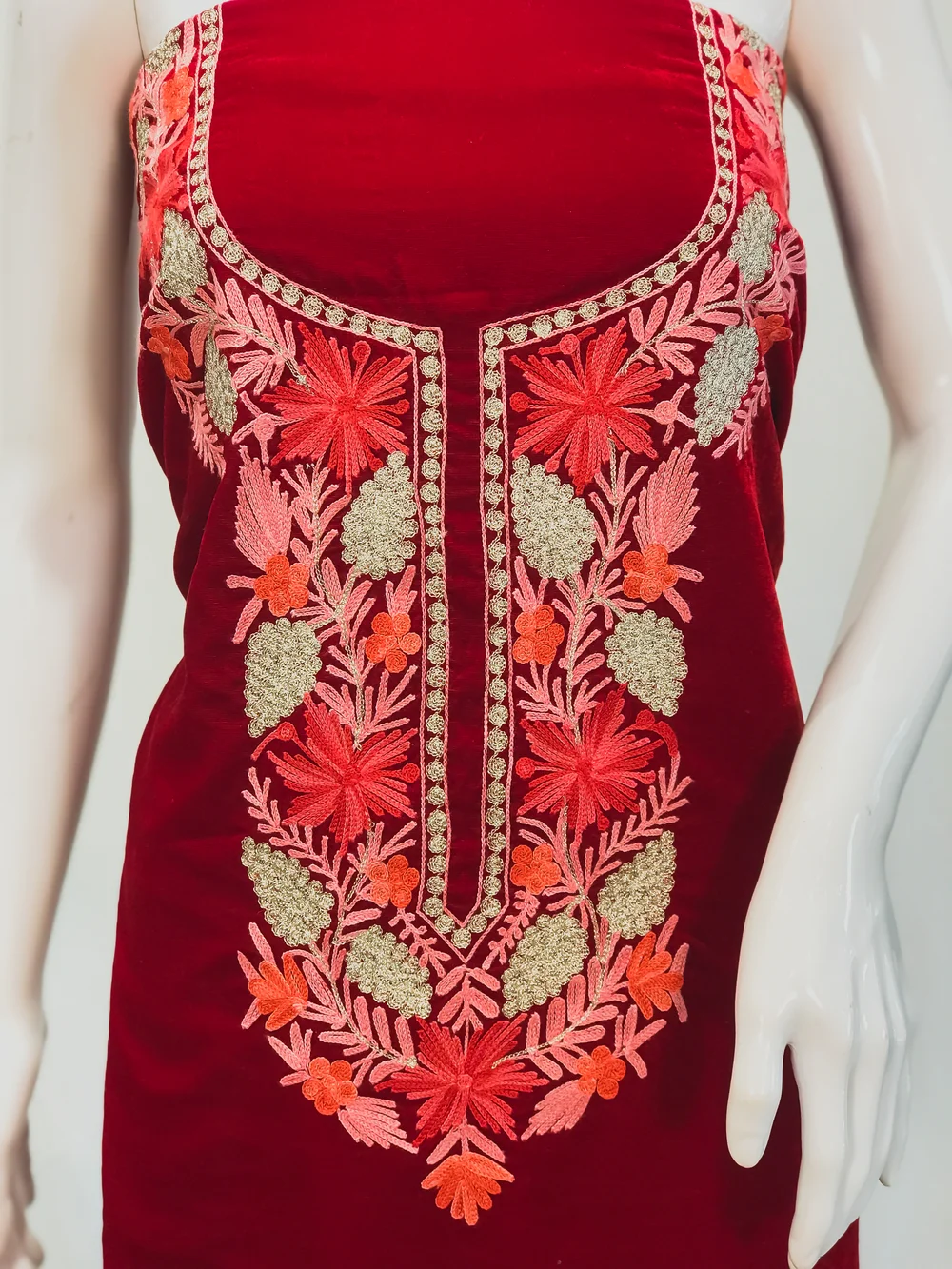 Red Velvet Tunic with Aari and Tilla Work Front Red Velvet Tunic with Aari and Tilla Work Front
