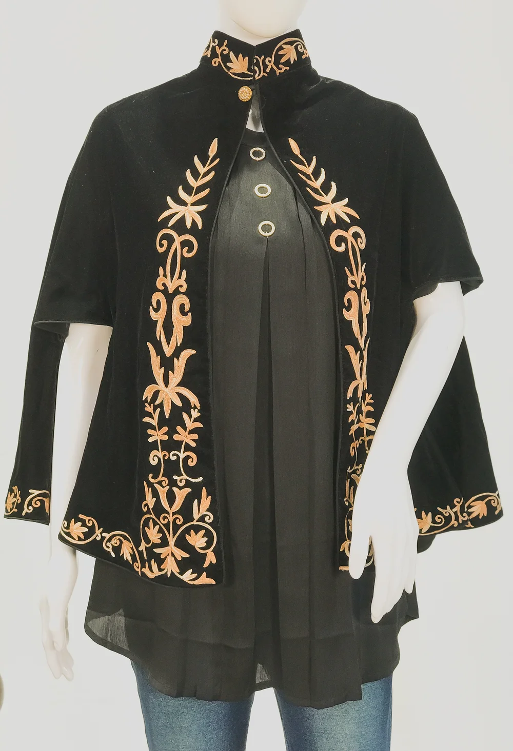 Black Velvet Cape Poncho with Floral Embroidery Front Black Velvet Cape Poncho with Floral Embroidery Front