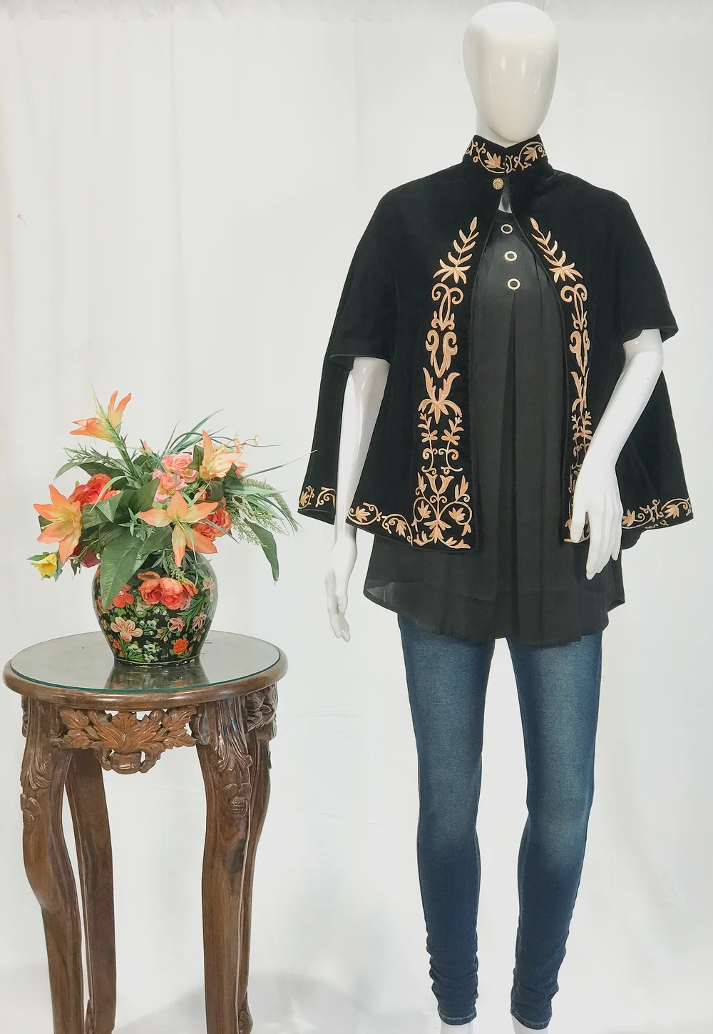 Black Velvet Cape Poncho with Floral Embroidery Black Velvet Cape Poncho with Floral Embroidery