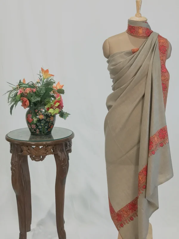 Dark Natural Pure Pashmina Shawl With Papier Mache Border Design