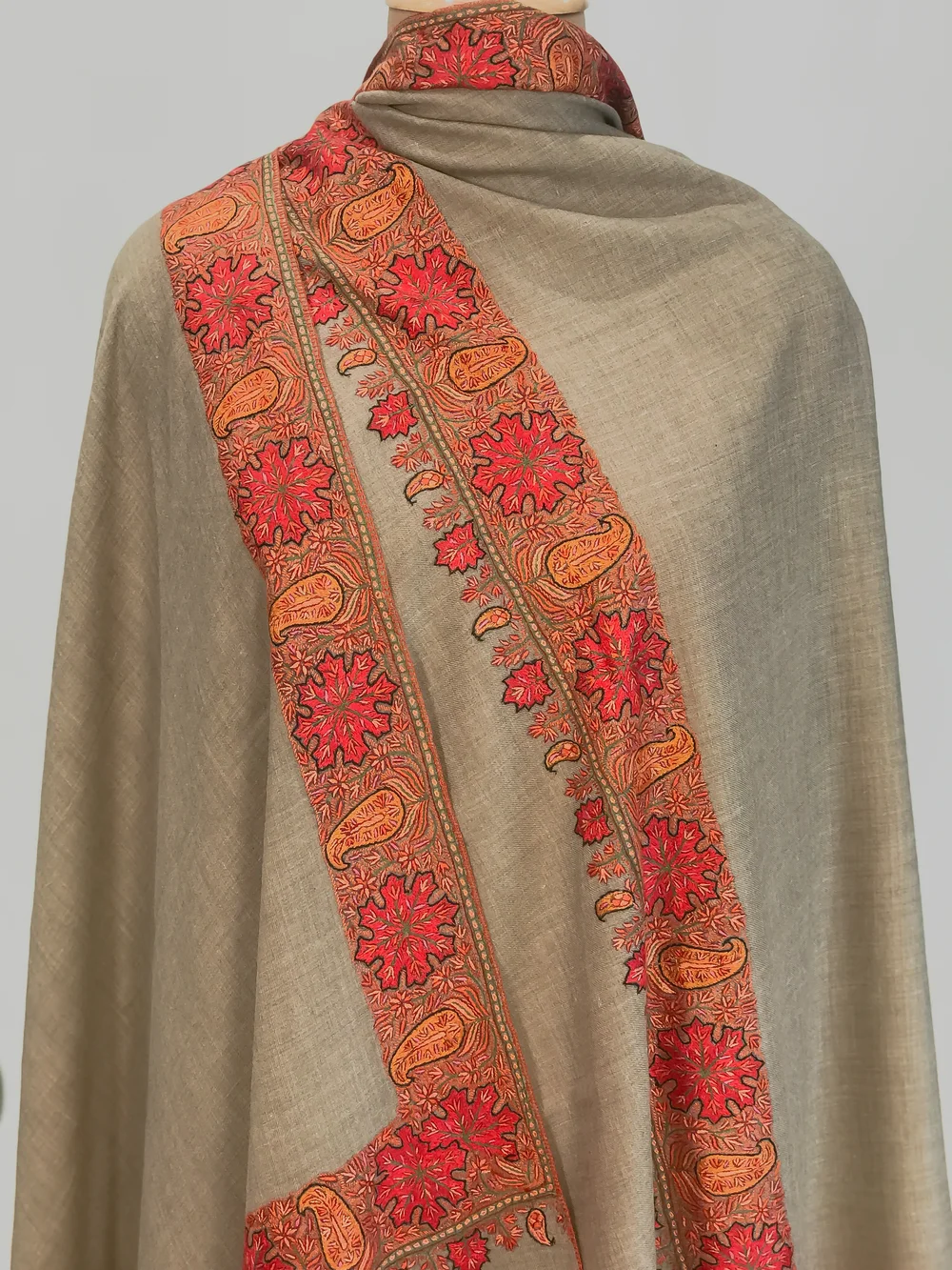 Dark Natural Pure Pashmina Shawl With Papier Mache Border Design Front
