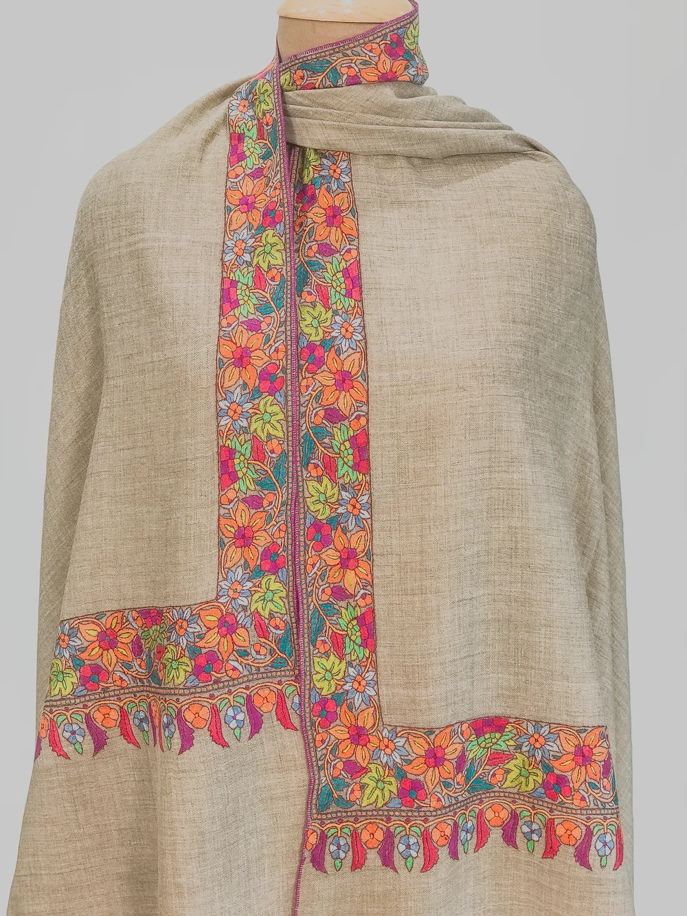 Natural Pure Pashmina Shawl With Papier Mache Border Design Front