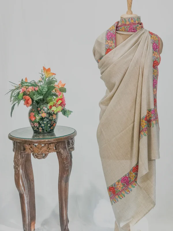 Light Natural Pure Pashmina Shawl With Papier Mache Border Design