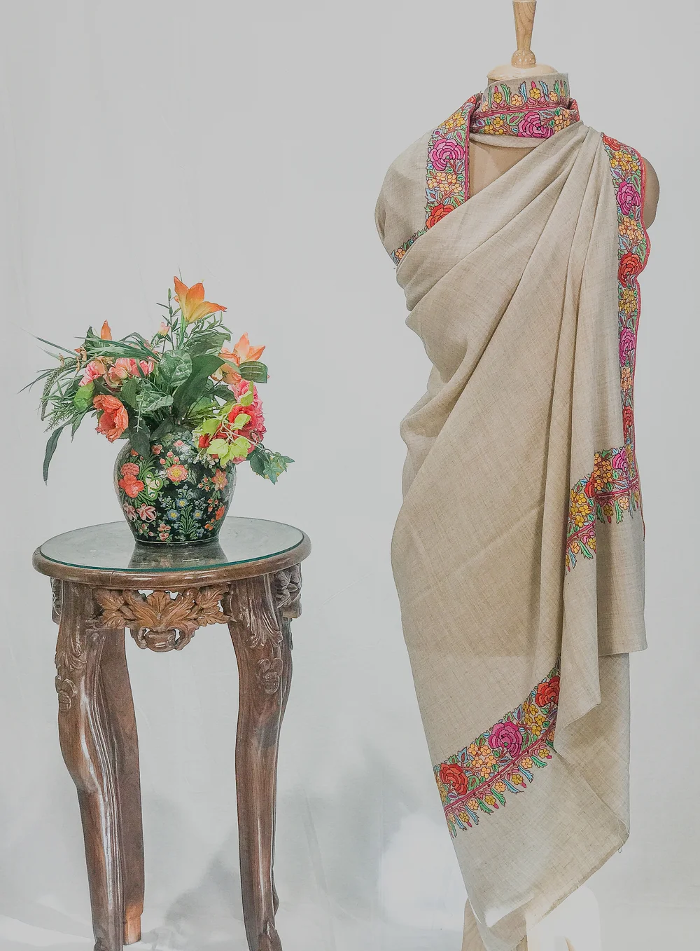 Light Natural Pure Pashmina Shawl With Papier Mache Border Design