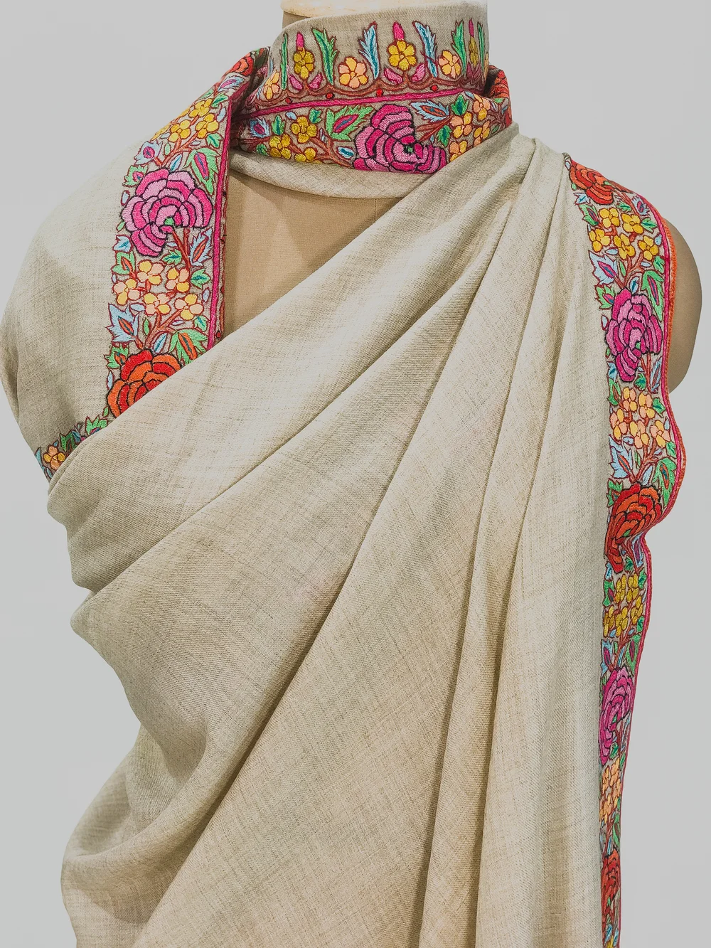 Light Natural Pure Pashmina Shawl With Papier Mache Border Design Front