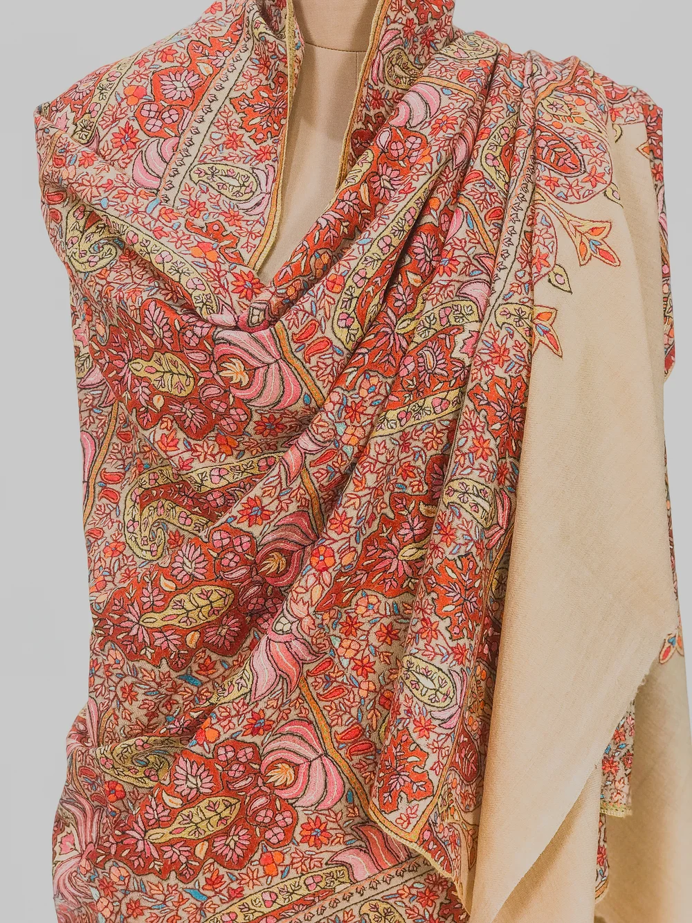 Beige Pure Pashmina Shawl With Multi-Colour Sozni Jamawar Hand Embroidery Front Beige Pure Pashmina Shawl With Multi-Colour Sozni Jamawar Hand Embroidery Front