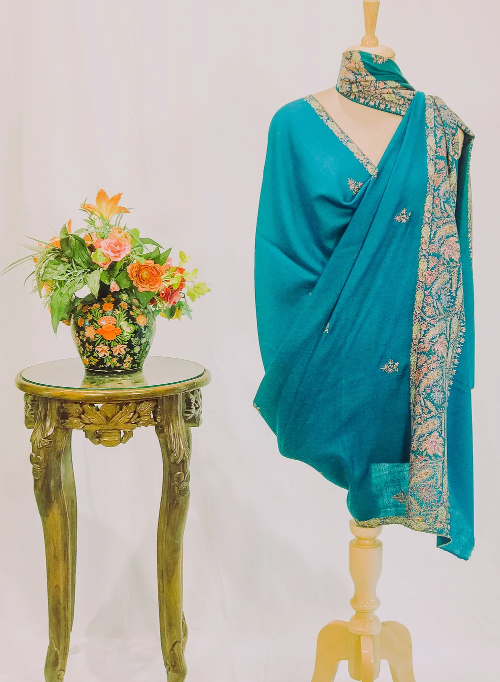 Aqua Green Pure Pashmina Shawl With Sozni Hand Embroidery