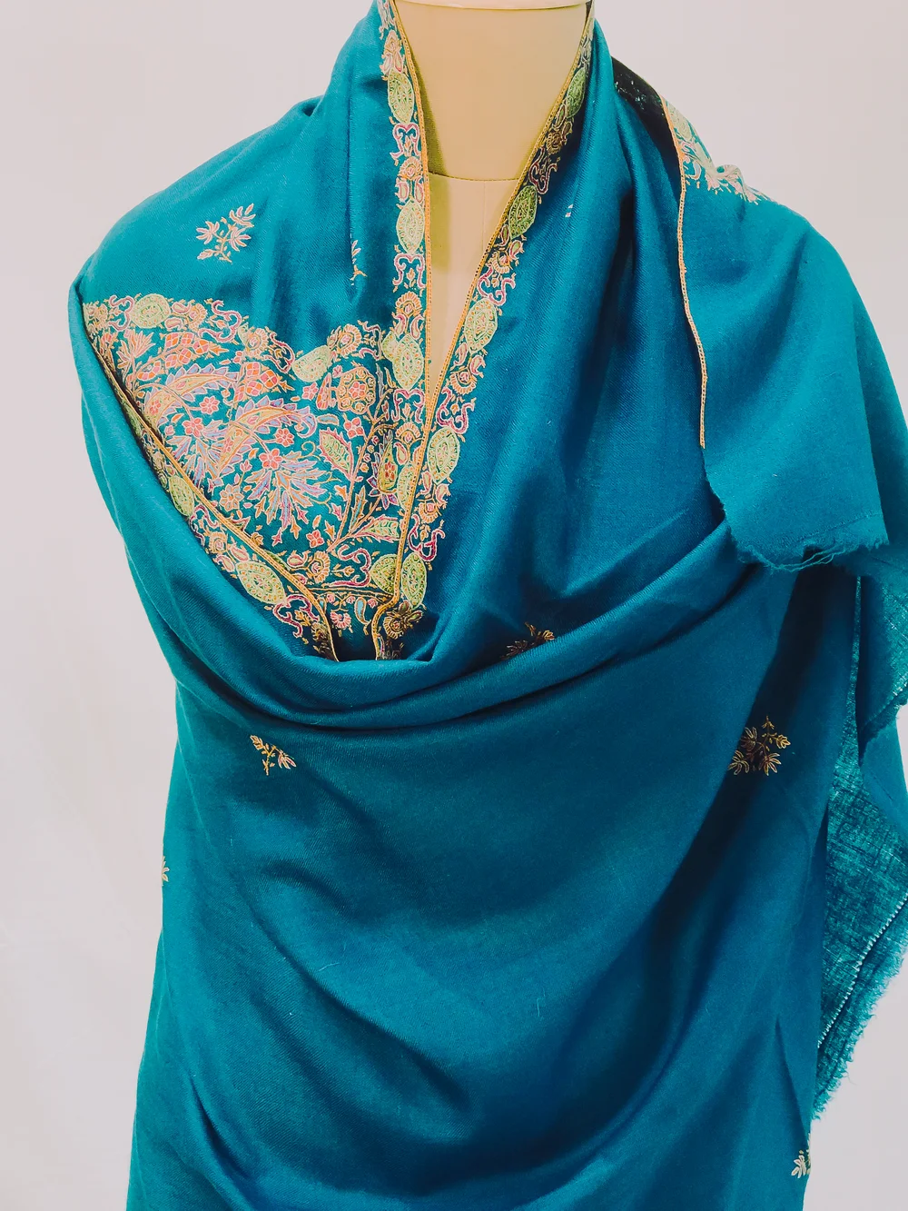 Aqua Green Pure Pashmina Shawl With Sozni Hand Embroidery Front