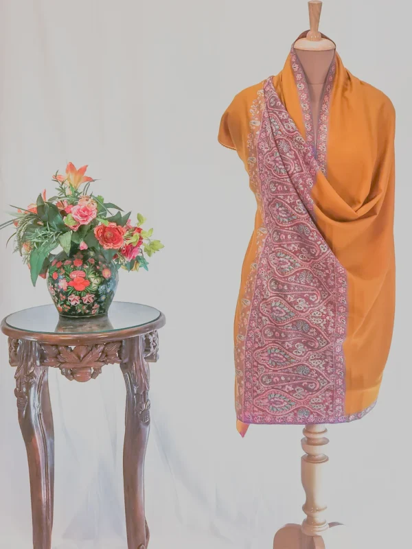 Yellow Pure Pashmina Shawl With Sozni Hand Embroidery