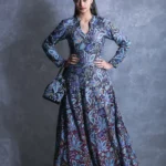 Grey & Maroon Ombre Flared Dress with Fusion Embroidery Front