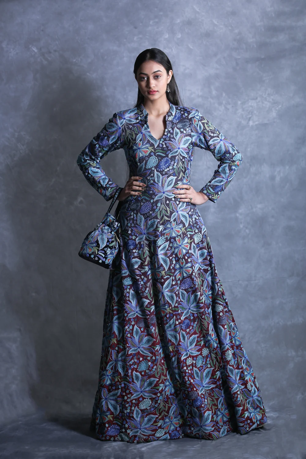 Grey & Maroon Ombre Flared Dress with Fusion Embroidery Front Grey & Maroon Ombre Flared Dress with Fusion Embroidery Front