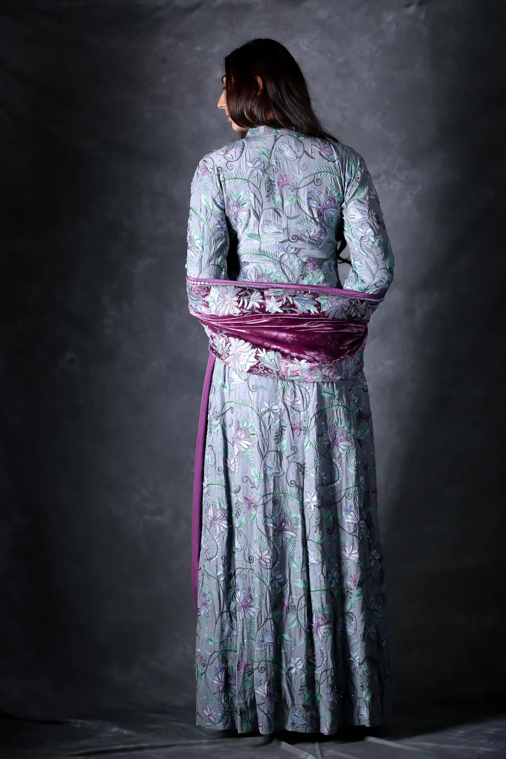 Grey Jacket Dress With Purple Ordni Back