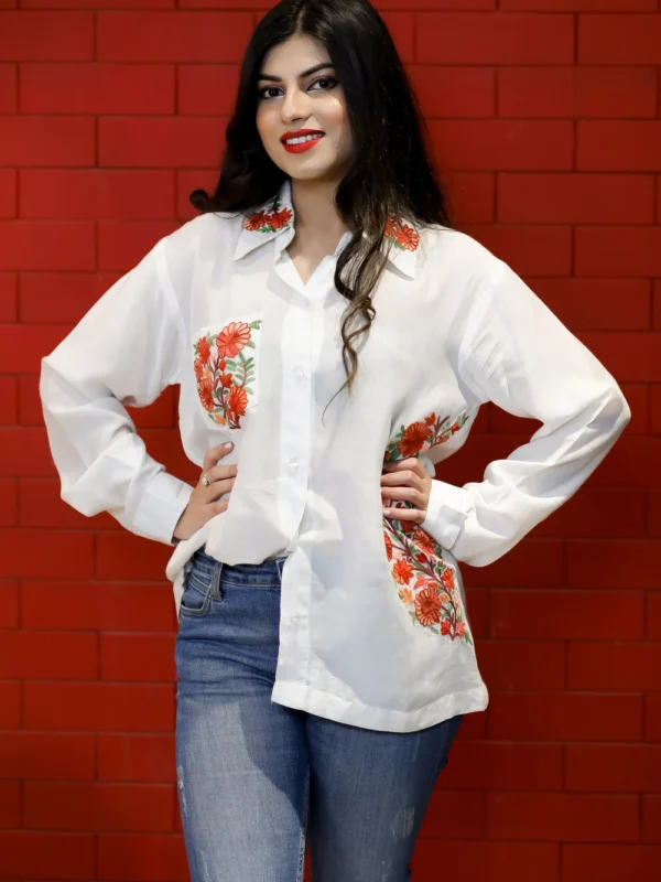 White Cotton Shirt with Aari Embroidered Pocket and Collar
