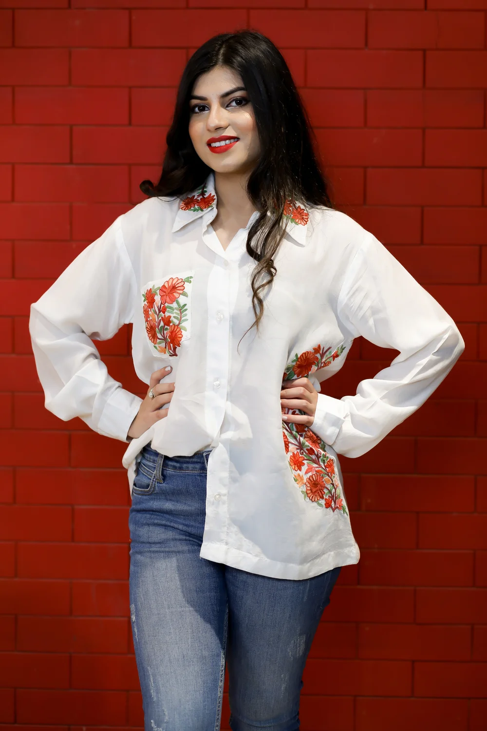 White Cotton Shirt with Aari Embroidered Pocket and Collar