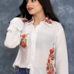 White Cotton Shirt with Aari Embroidered Pocket and Collar Side