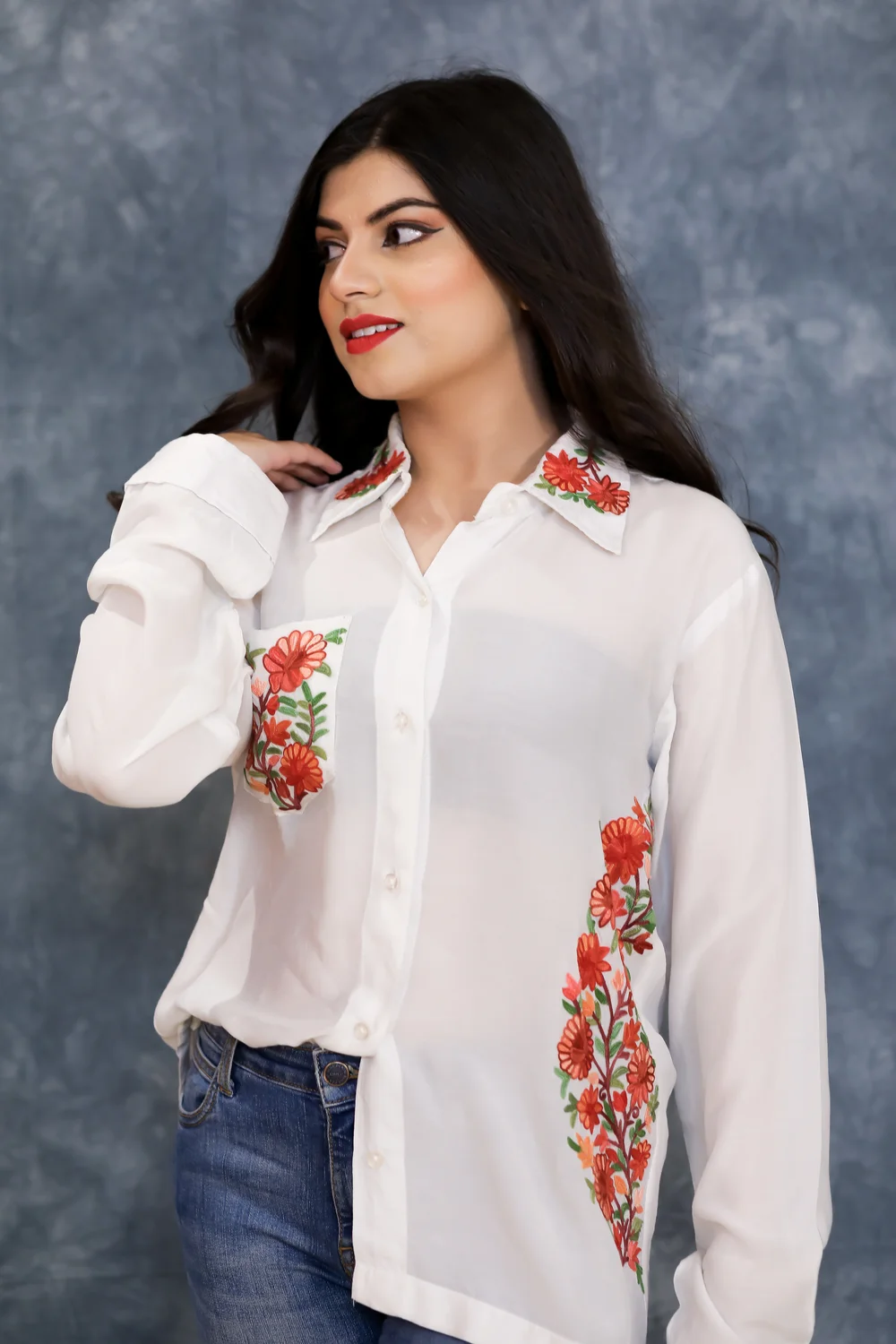 White Cotton Shirt with Aari Embroidered Pocket and Collar Side