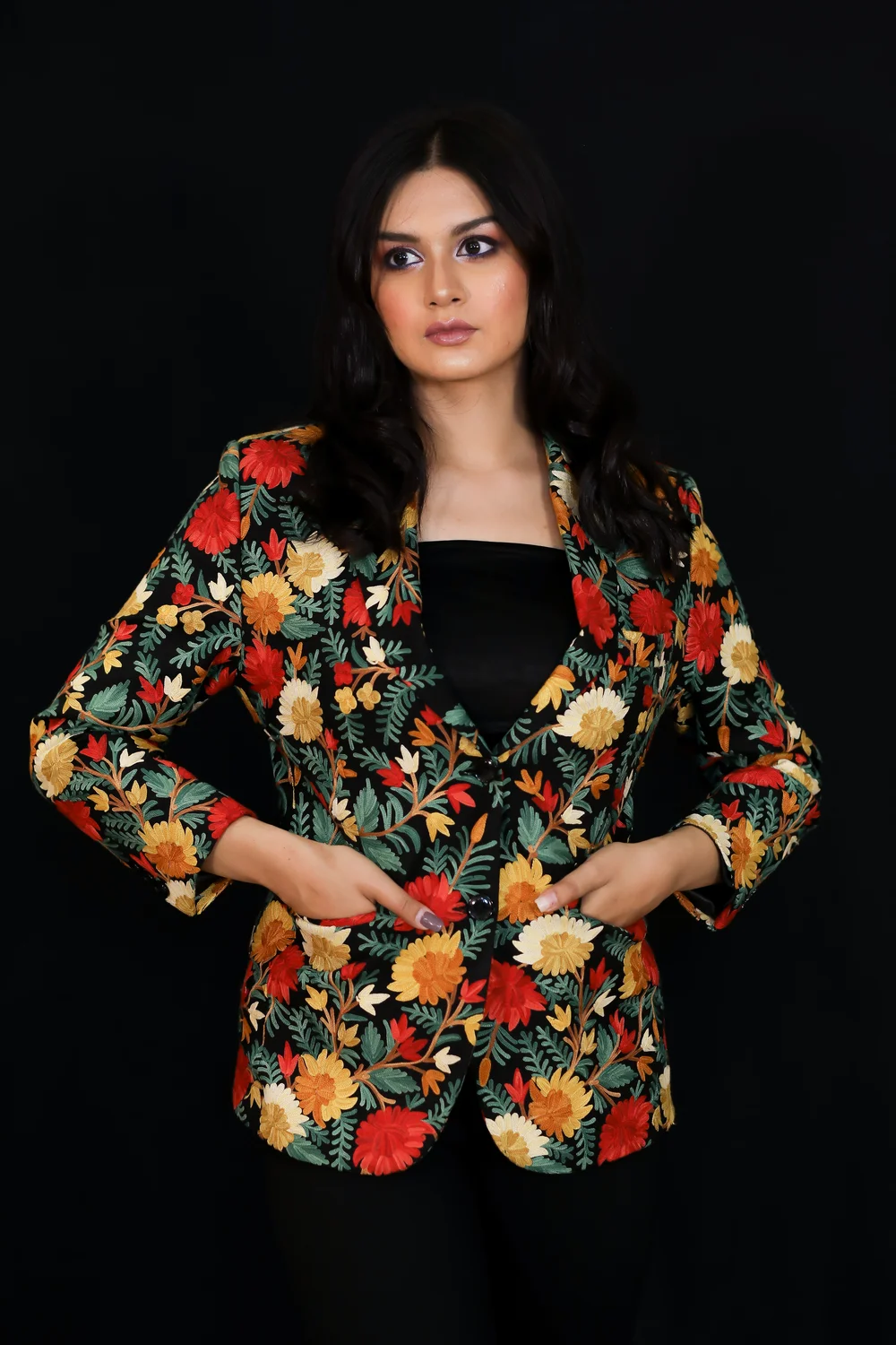 Black Blazer with Aari Jaal Floral Kashmiri Embroidery Front Black Blazer with Aari Jaal Floral Kashmiri Embroidery Front