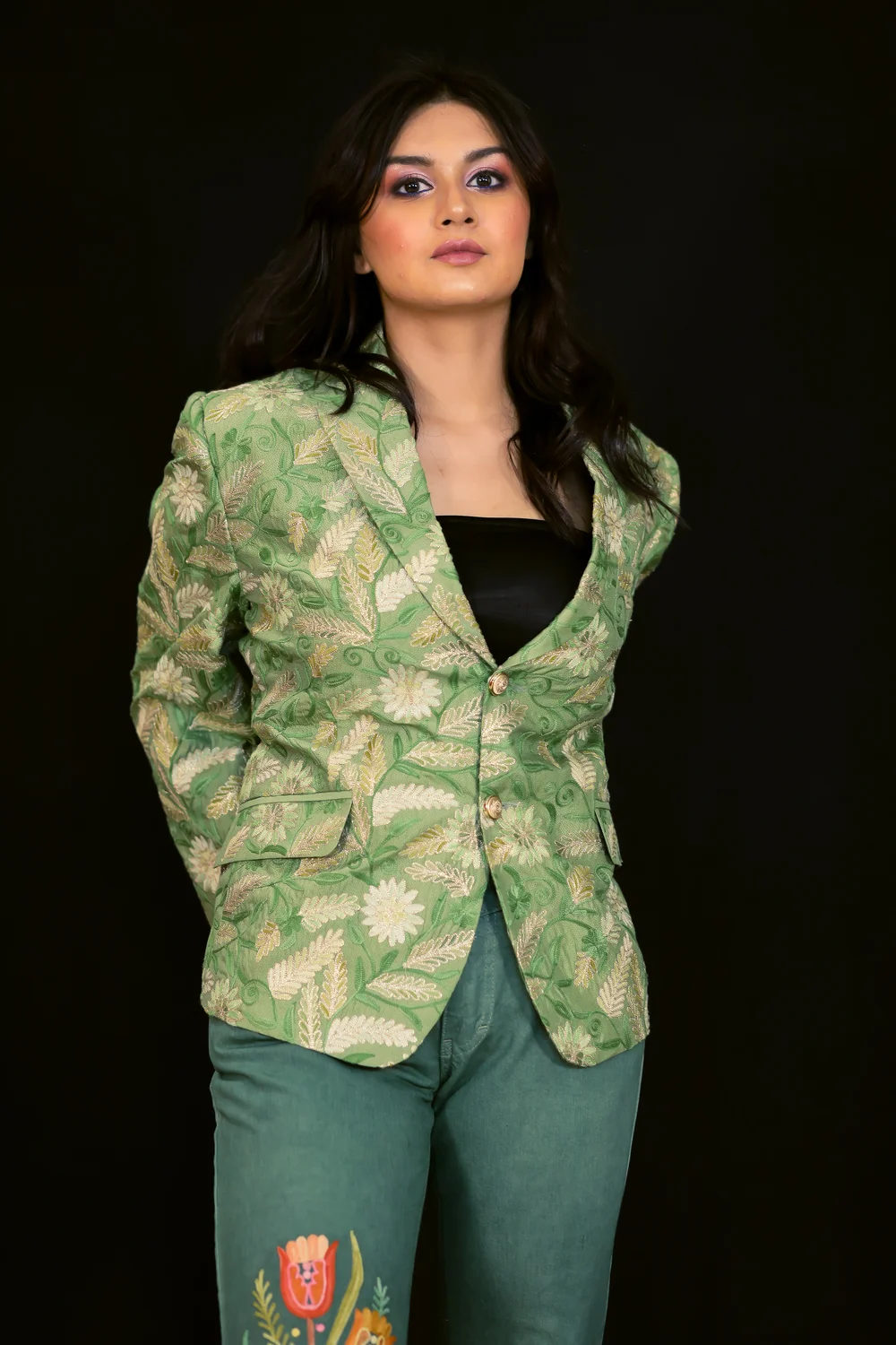 Green Blazer with Aari & Tilla Fusion Embroidery Front Green Blazer with Aari & Tilla Fusion Embroidery Front