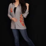 Grey Cotton Shirt with Aari Embroidered Pocket and Collar