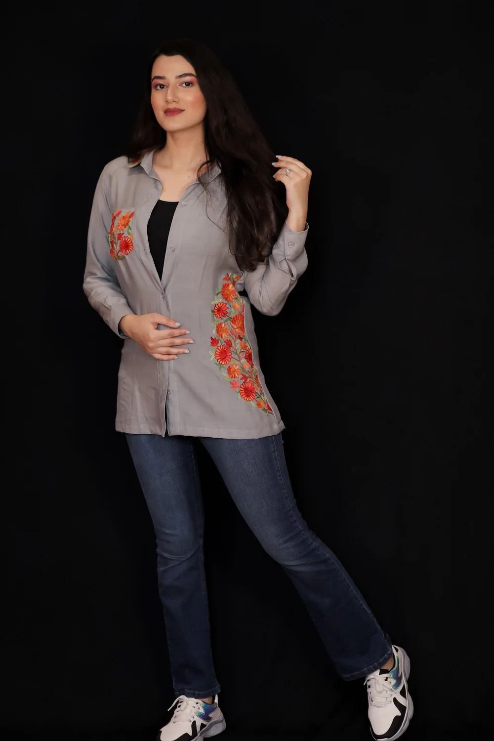 Grey Cotton Shirt with Aari Embroidered Pocket and Collar