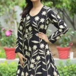 Black Flared Dress with Tilla Fusion Embroidery Front