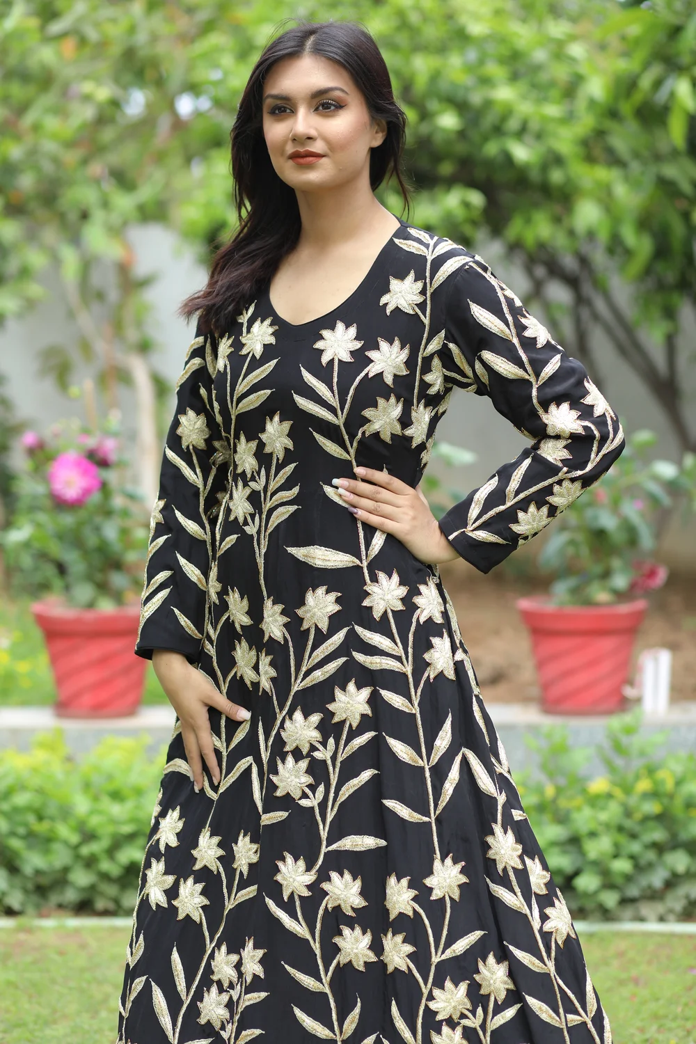 Black Flared Dress with Tilla Fusion Embroidery Front Black Flared Dress with Tilla Fusion Embroidery Front