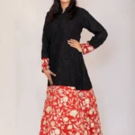 Black & Red Flared Dress with Aari & Tilla Kashmiri Fusion Embroidery Front