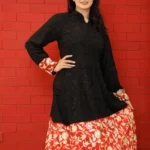 Black & Red Flared Dress with Aari & Tilla Kashmiri Fusion Embroidery