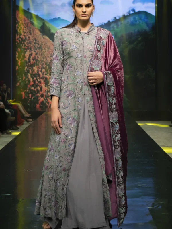 Grey Jacket Dress With Purple Ordni