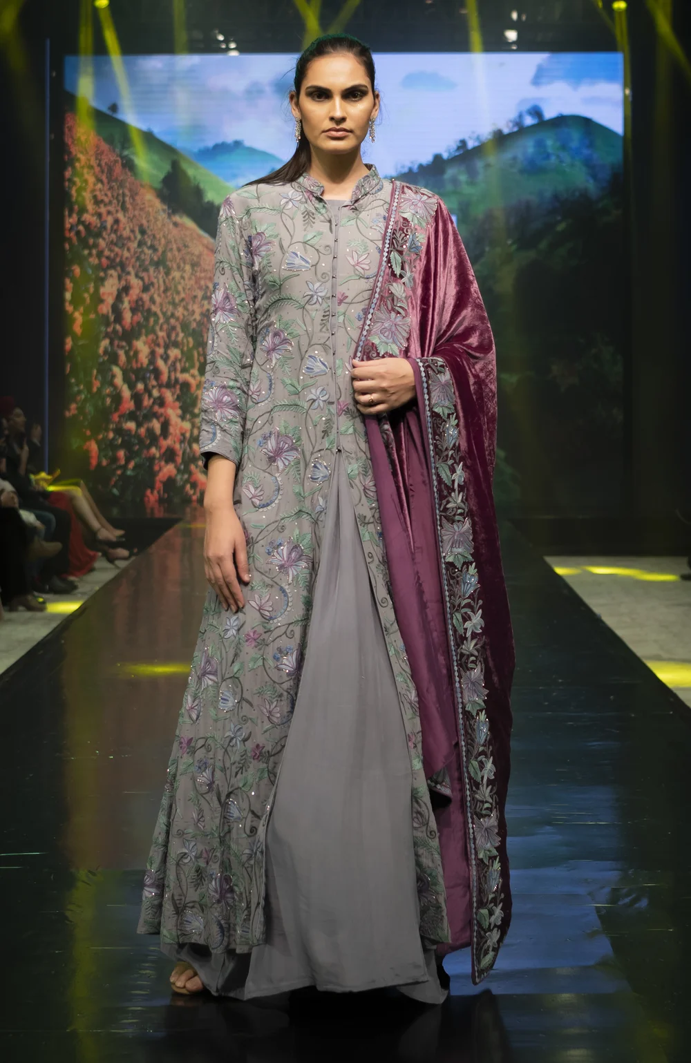 Grey Jacket Dress With Purple Ordni