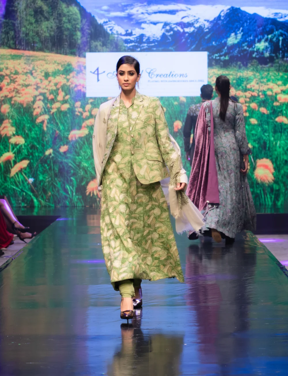 Green Flared Dress with Aari & Tilla Fusion Embroidery Green Flared Dress with Aari & Tilla Fusion Embroidery