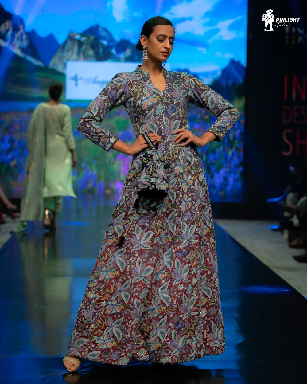 Grey & Maroon Ombre Flared Dress with Fusion Embroidery Grey & Maroon Ombre Flared Dress with Fusion Embroidery
