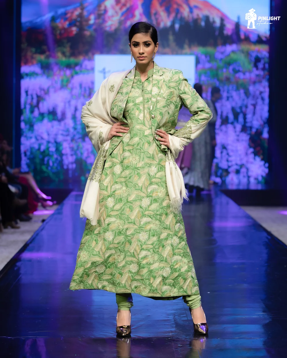 Green Flared Dress with Aari & Tilla Fusion Embroidery Green Flared Dress with Aari & Tilla Fusion Embroidery