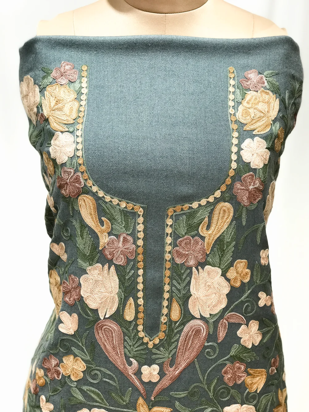 Pine Green Pure Wool Salwar Suit with Aari Embroidery Front Pine Green Pure Wool Salwar Suit with Aari Embroidery Front