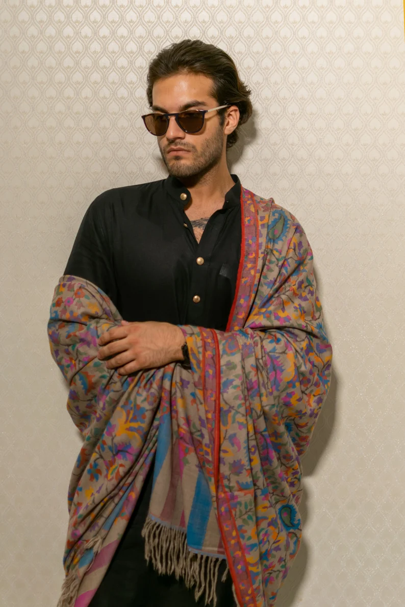 Natural Beige Gents Kani Pure Pashmina Shawl Front Natural Beige Gents Kani Pure Pashmina Shawl Front