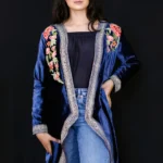Blue Velvet Aari Work Embroidered Jacket Front