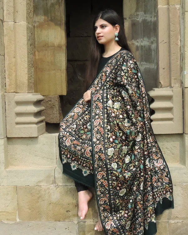 Green Pure Pashmina Shawl With Tilla Jaal Hand Embroidery Front