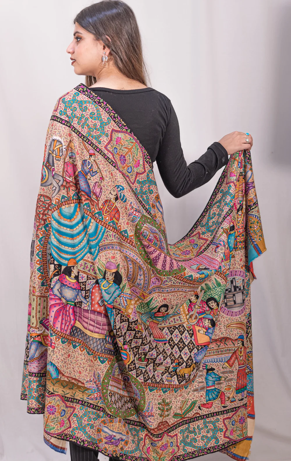 Multi Coloured Pure Pashmina Shawl With Artistic Kalamkari Hand Embroidery front