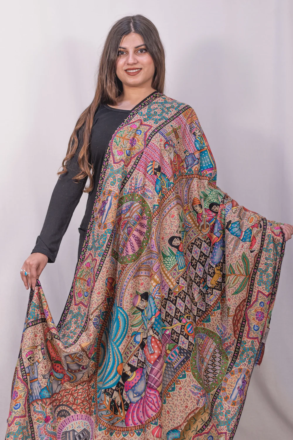 Multi Coloured Pure Pashmina Shawl With Artistic Kalamkari Hand Embroidery