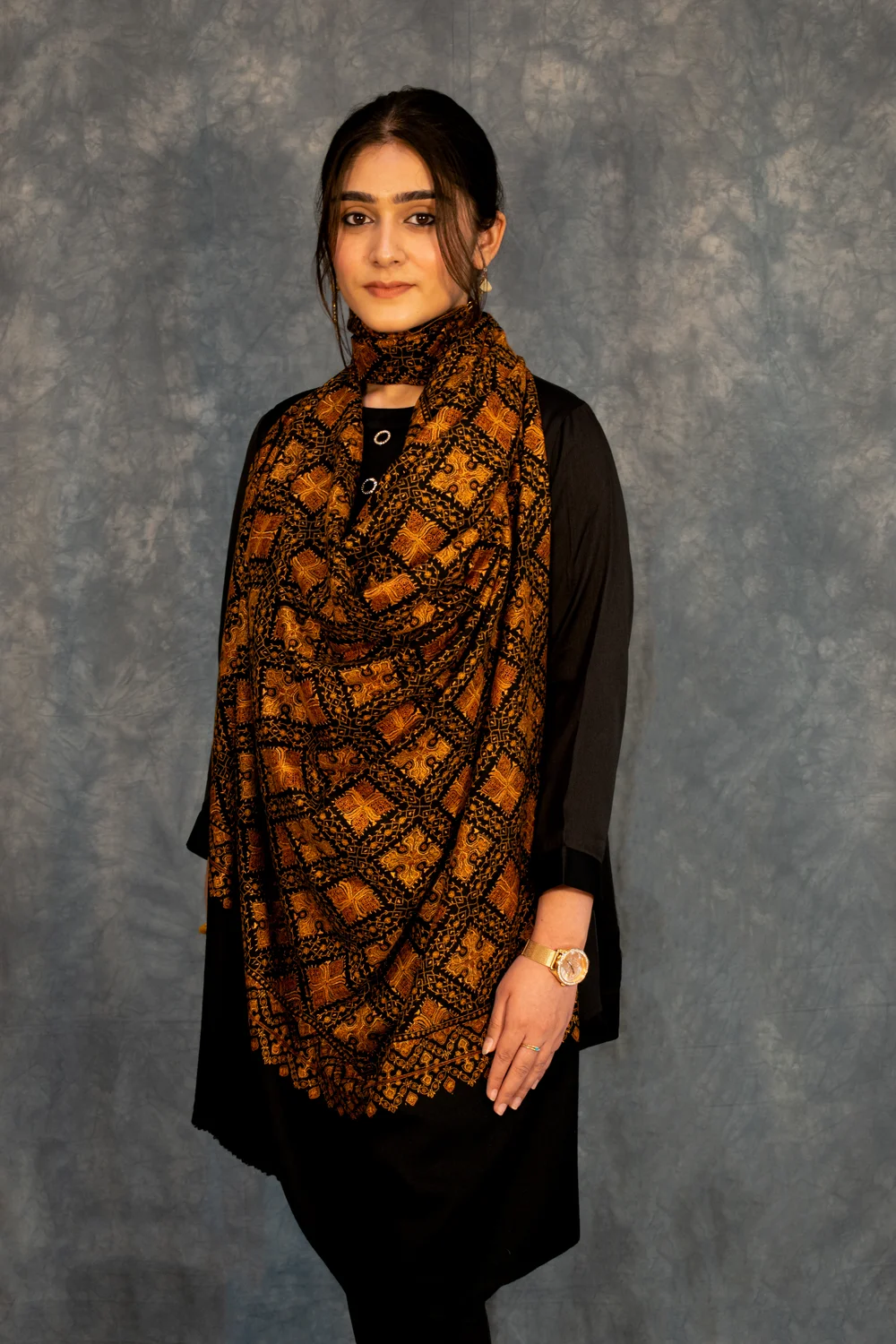 Black Pure Pashmina Shawl With Sozni hand Embroidery